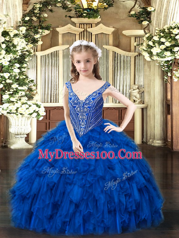 Ball Gowns Child Pageant Dress Royal Blue V-neck Organza Sleeveless Floor Length Lace Up