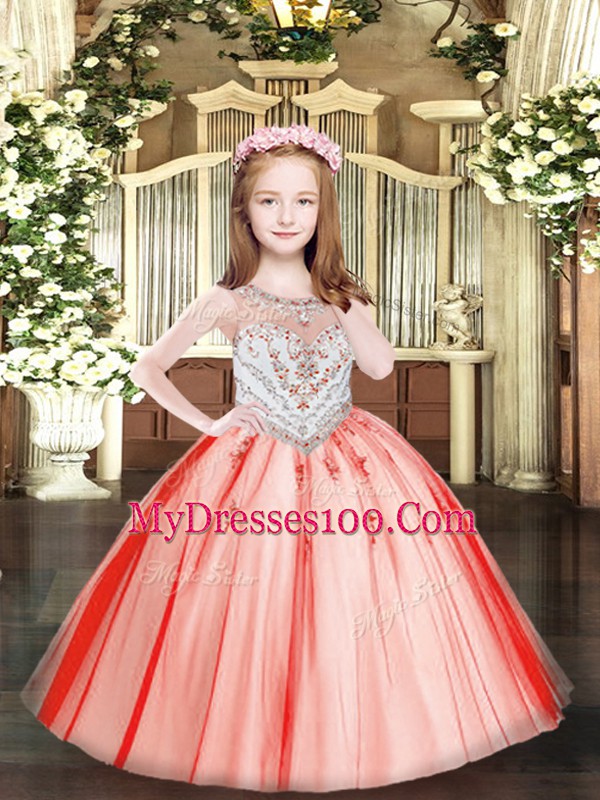 Coral Red Zipper Little Girls Pageant Gowns Beading and Appliques Sleeveless Floor Length