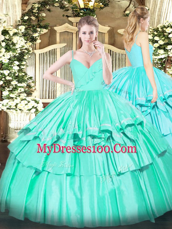 Comfortable Turquoise Sleeveless Floor Length Ruffled Layers Zipper Quinceanera Gown