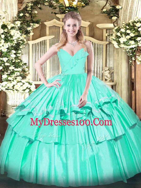 Comfortable Turquoise Sleeveless Floor Length Ruffled Layers Zipper Quinceanera Gown