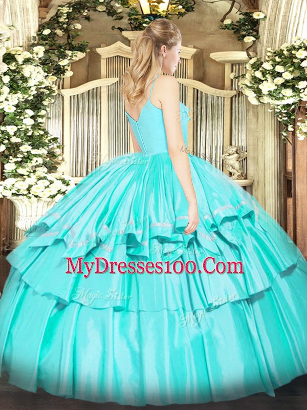 Comfortable Turquoise Sleeveless Floor Length Ruffled Layers Zipper Quinceanera Gown