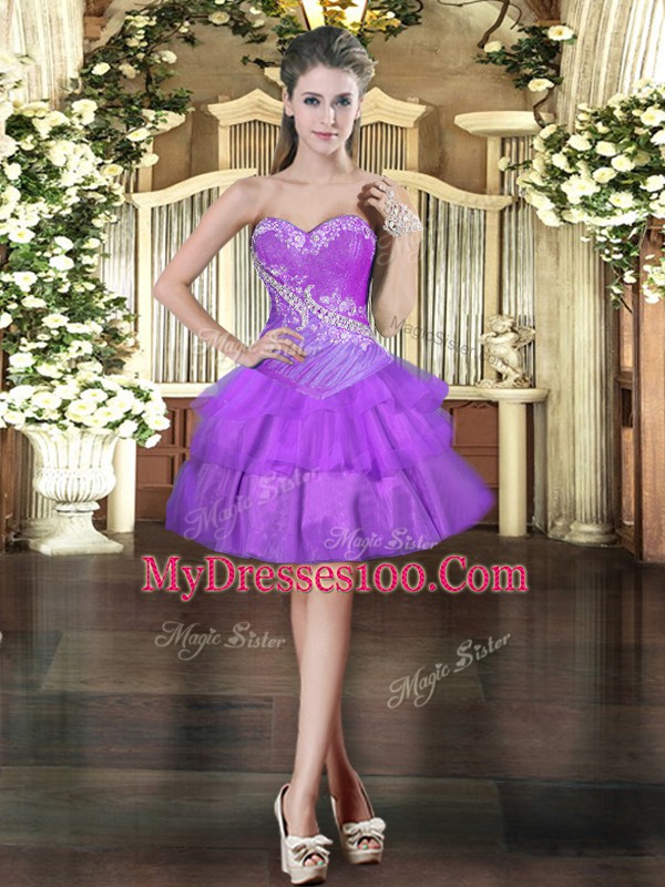 Trendy Purple Ball Gowns Organza Sweetheart Sleeveless Beading and Ruffled Layers Mini Length Lace Up