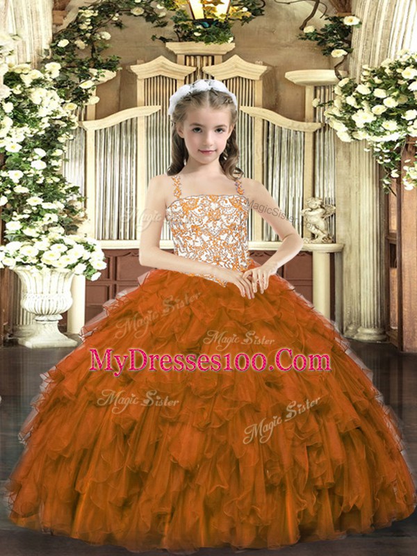 Straps Sleeveless Child Pageant Dress Floor Length Beading and Ruffles Brown Organza