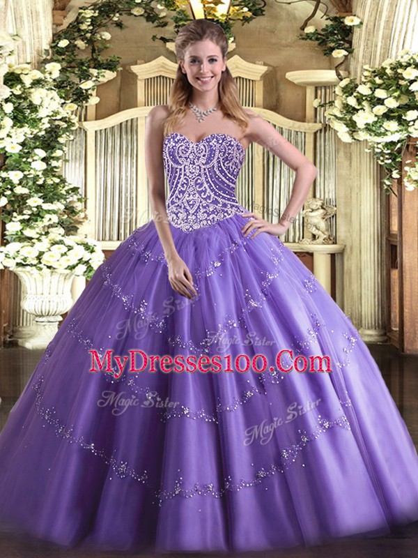 Simple Sweetheart Sleeveless Lace Up Ball Gown Prom Dress Lavender Tulle