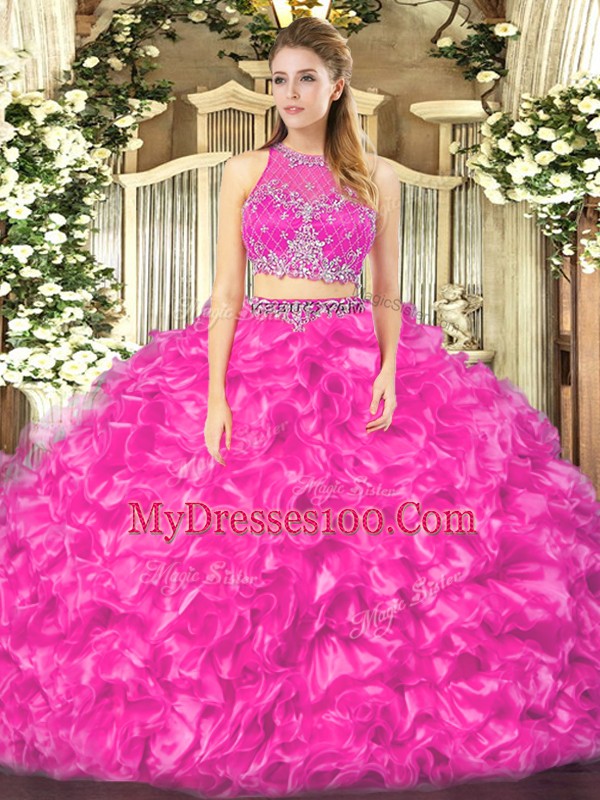 Beautiful Fuchsia Organza Zipper Quinceanera Dress Sleeveless Floor Length Beading and Ruffles