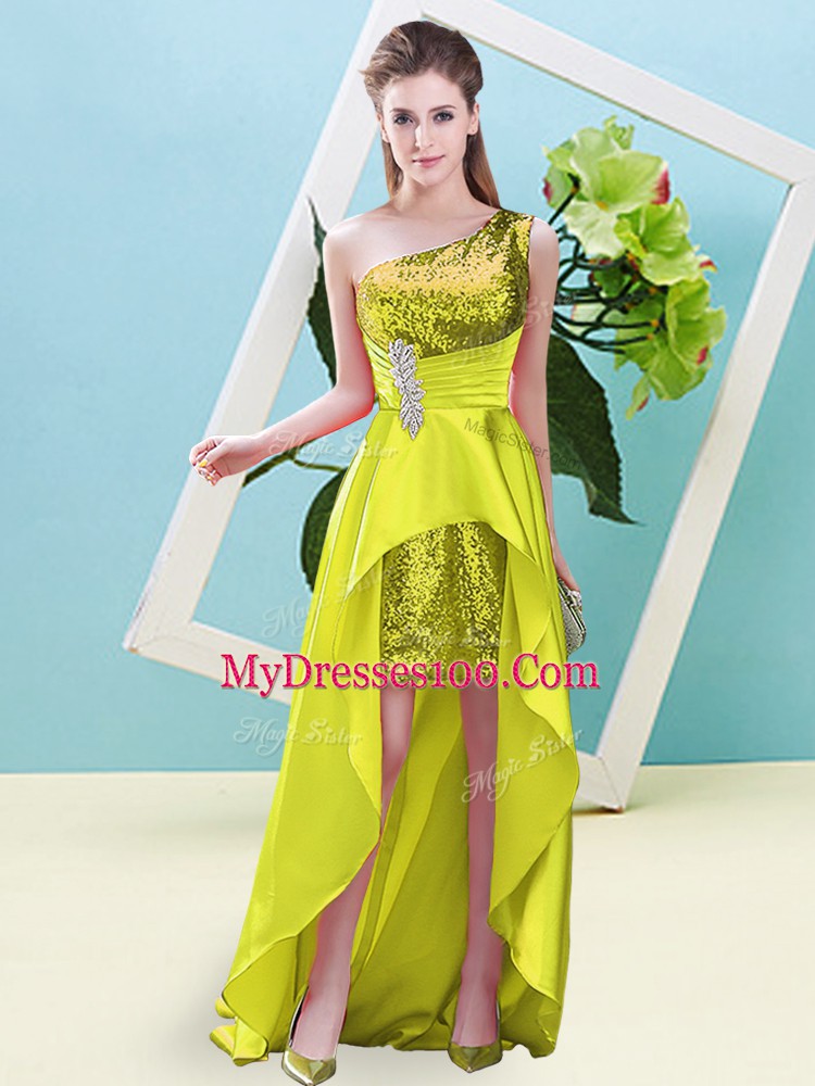 Yellow Elastic Woven Satin and Sequined Lace Up One Shoulder Sleeveless High Low Going Out Dresses Beading and Sequins