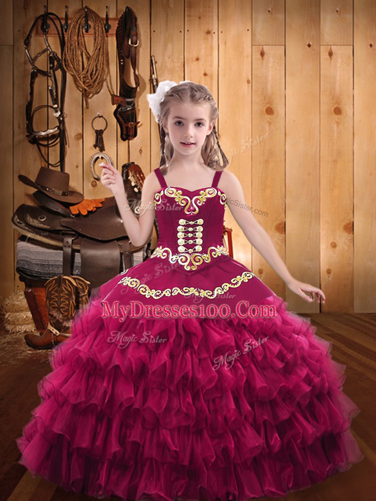 Fuchsia Sleeveless Organza Lace Up Little Girls Pageant Gowns for Party and Sweet 16 and Quinceanera and Wedding Party