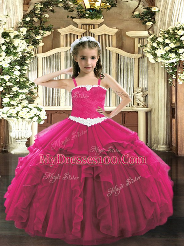 Perfect Straps Sleeveless Little Girls Pageant Dress Floor Length Appliques and Ruffles Hot Pink Tulle
