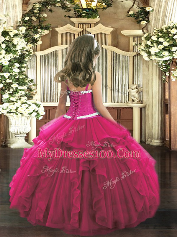 Perfect Straps Sleeveless Little Girls Pageant Dress Floor Length Appliques and Ruffles Hot Pink Tulle