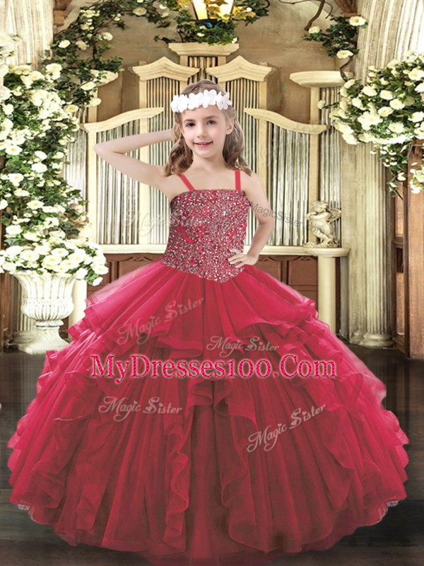Red Straps Neckline Beading and Ruffles Little Girl Pageant Gowns Sleeveless Lace Up