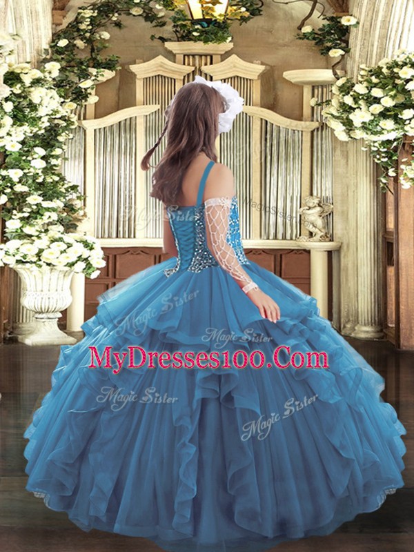 Red Straps Neckline Beading and Ruffles Little Girl Pageant Gowns Sleeveless Lace Up