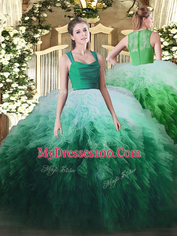Floor Length Zipper 15 Quinceanera Dress Multi-color for Military Ball and Sweet 16 and Quinceanera with Ruffles