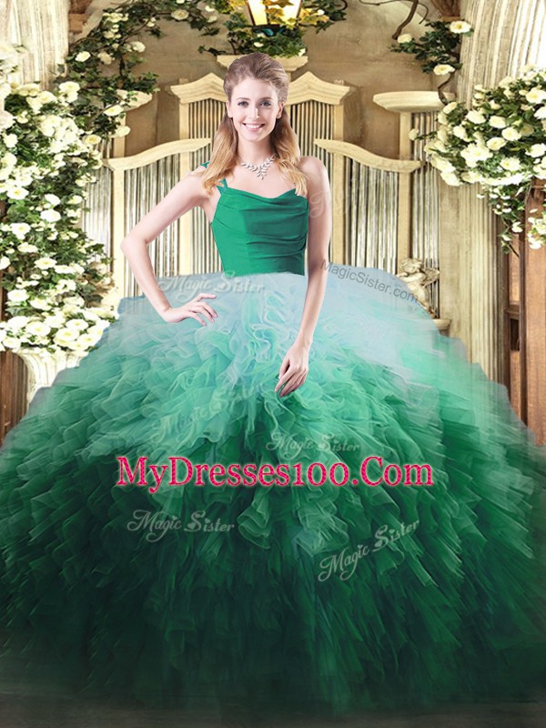 Floor Length Zipper 15 Quinceanera Dress Multi-color for Military Ball and Sweet 16 and Quinceanera with Ruffles