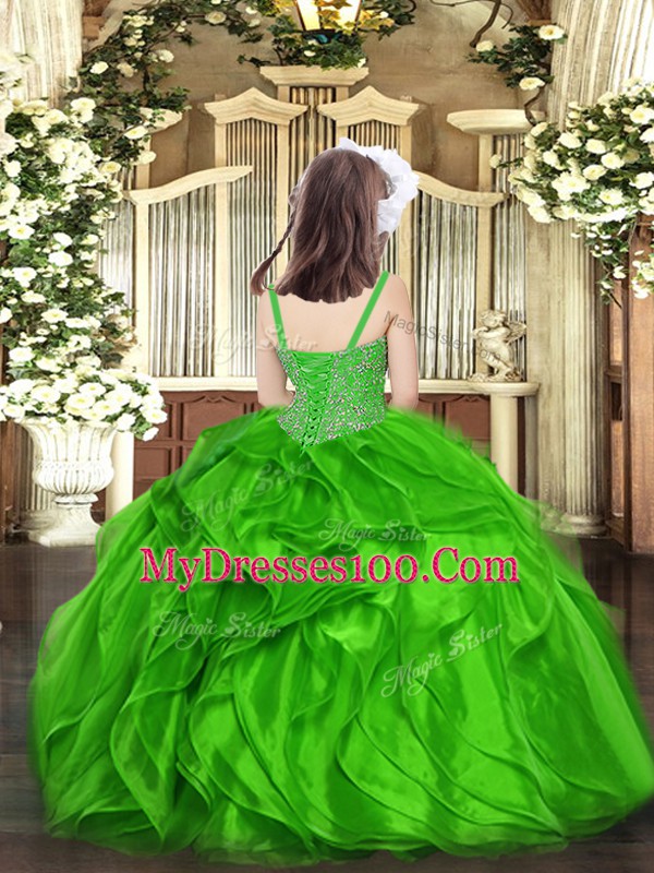 Sweet Green Lace Up Pageant Gowns Beading and Ruffles Sleeveless Floor Length