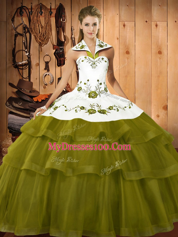 Flare Olive Green Ball Gowns Embroidery and Ruffled Layers Ball Gown Prom Dress Lace Up Organza Sleeveless