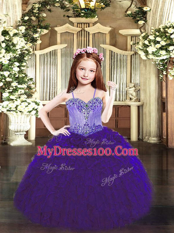 Stylish Floor Length Ball Gowns Sleeveless Purple Little Girl Pageant Dress Lace Up