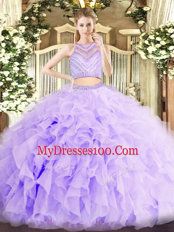 Traditional Beading and Ruffles Sweet 16 Quinceanera Dress Lavender Zipper Sleeveless Floor Length