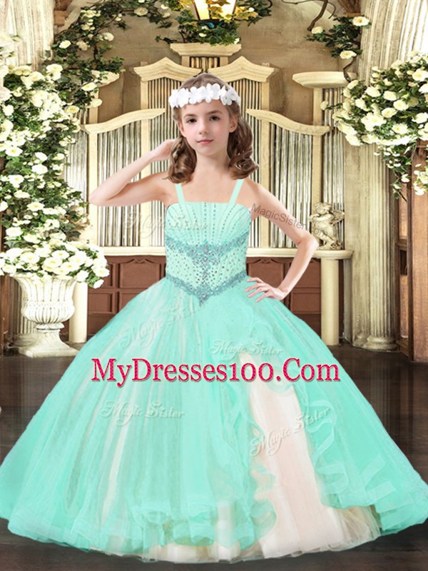 Custom Made Floor Length Lace Up Little Girls Pageant Dress Wholesale Apple Green for Party and Quinceanera with Beading