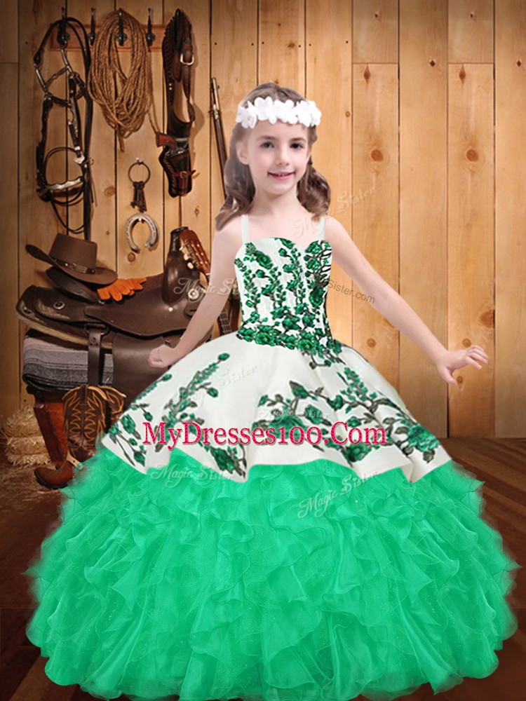 Turquoise Ball Gowns Straps Sleeveless Organza Floor Length Lace Up Embroidery and Ruffles Little Girl Pageant Dress