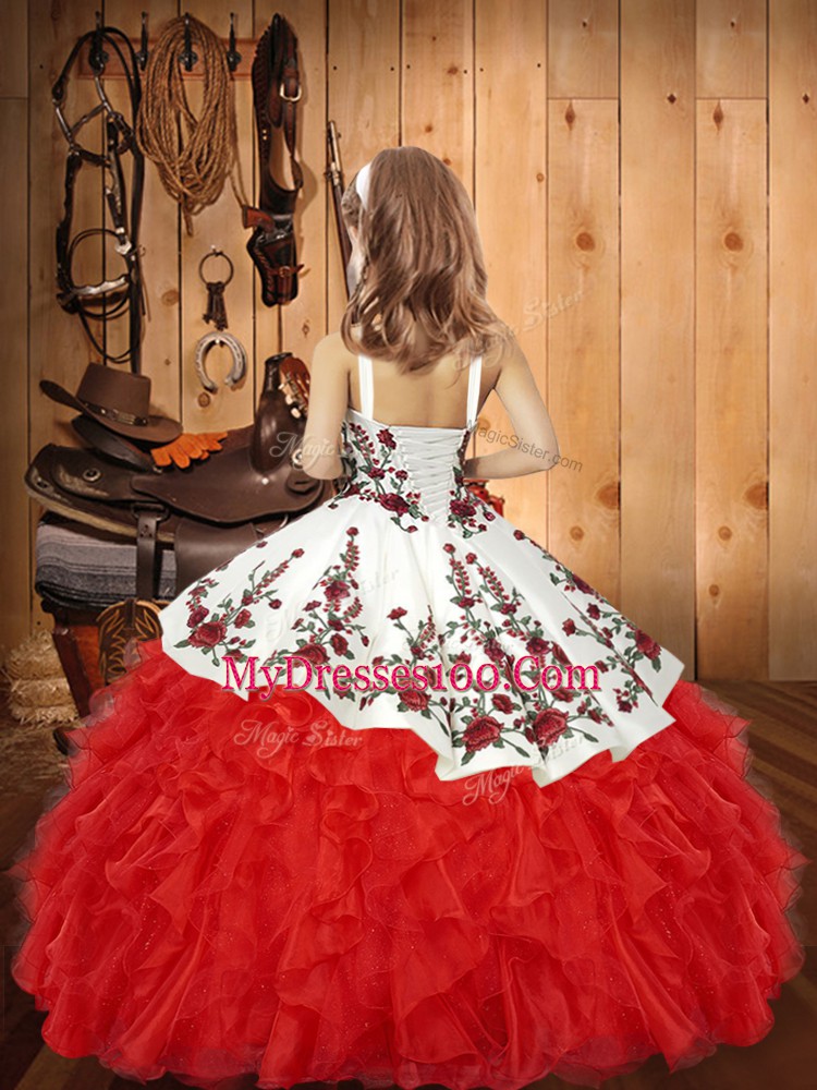 Turquoise Ball Gowns Straps Sleeveless Organza Floor Length Lace Up Embroidery and Ruffles Little Girl Pageant Dress