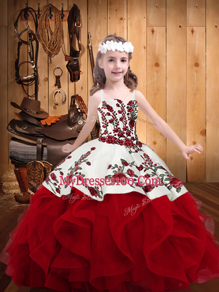 Floor Length Lace Up Little Girls Pageant Dress Red for Sweet 16 and Quinceanera with Embroidery and Ruffles