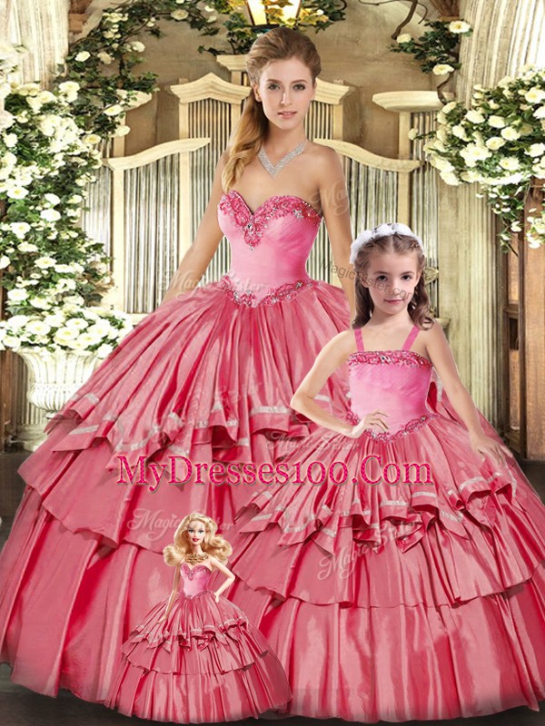 Floor Length Watermelon Red Sweet 16 Quinceanera Dress Organza Sleeveless Ruffled Layers