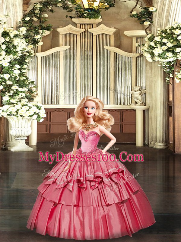 Floor Length Watermelon Red Sweet 16 Quinceanera Dress Organza Sleeveless Ruffled Layers