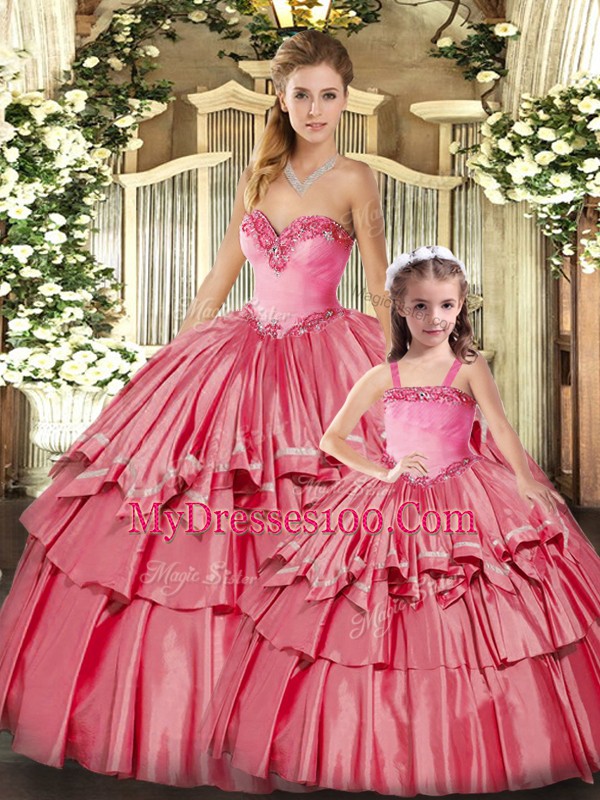 Floor Length Watermelon Red Sweet 16 Quinceanera Dress Organza Sleeveless Ruffled Layers