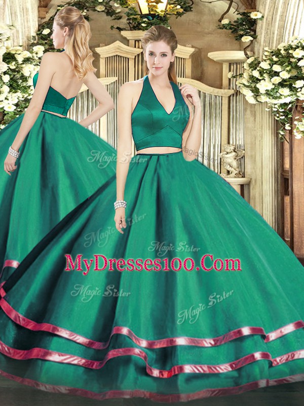 Excellent Dark Green Tulle Zipper Sweet 16 Quinceanera Dress Sleeveless Floor Length Ruffled Layers