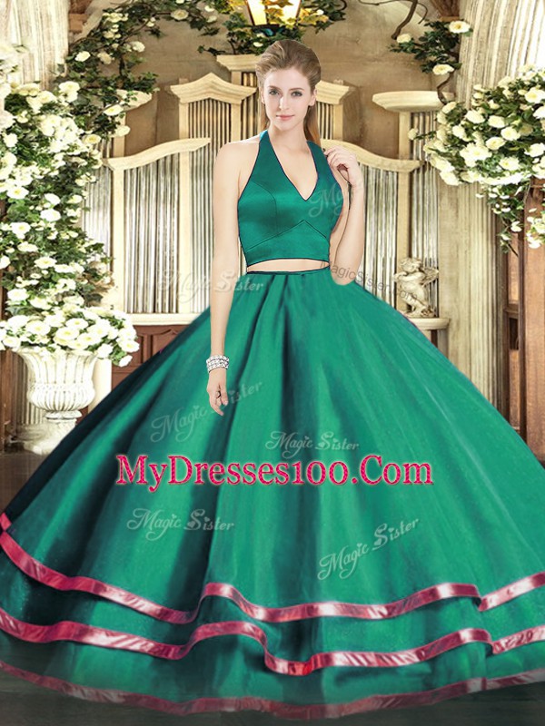 Excellent Dark Green Tulle Zipper Sweet 16 Quinceanera Dress Sleeveless Floor Length Ruffled Layers