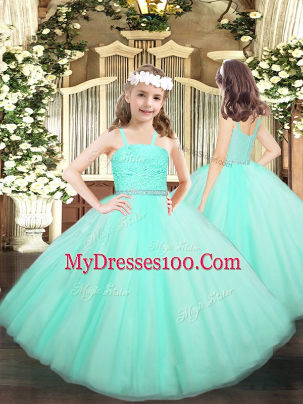 Stunning Ball Gowns Pageant Gowns For Girls Apple Green Straps Tulle Sleeveless Floor Length Zipper