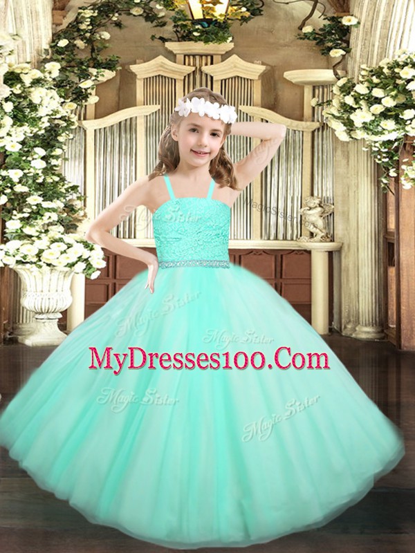 Stunning Ball Gowns Pageant Gowns For Girls Apple Green Straps Tulle Sleeveless Floor Length Zipper