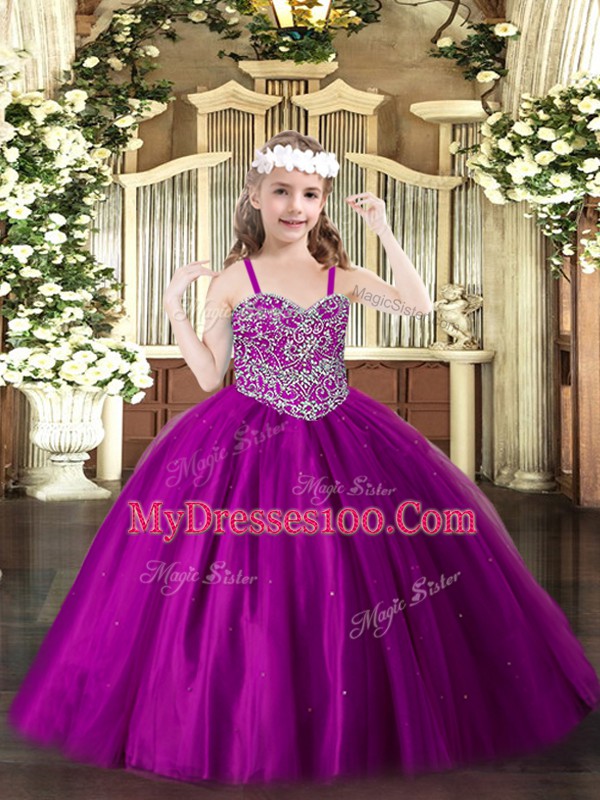 Fuchsia Sleeveless Floor Length Beading Lace Up Little Girl Pageant Dress