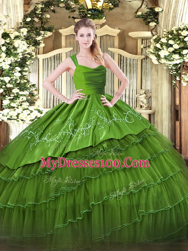 New Style Olive Green Sleeveless Floor Length Ruffled Layers Zipper Quinceanera Gowns