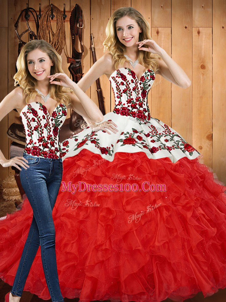 Beauteous Sleeveless Floor Length Embroidery and Ruffles Lace Up Quinceanera Dress with Red