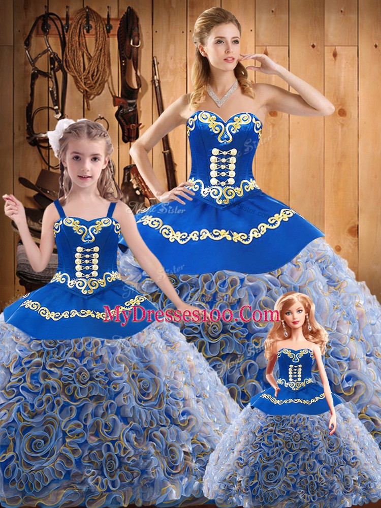 Pretty Fabric With Rolling Flowers Sweetheart Sleeveless Sweep Train Lace Up Embroidery Quinceanera Dresses in Multi-color