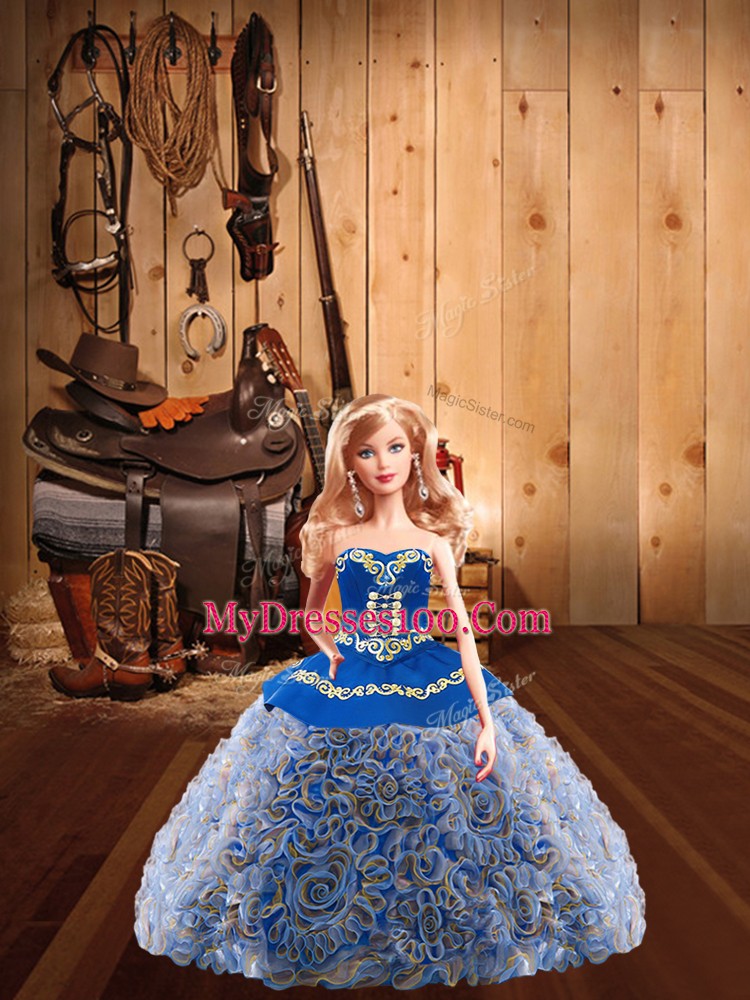Pretty Fabric With Rolling Flowers Sweetheart Sleeveless Sweep Train Lace Up Embroidery Quinceanera Dresses in Multi-color