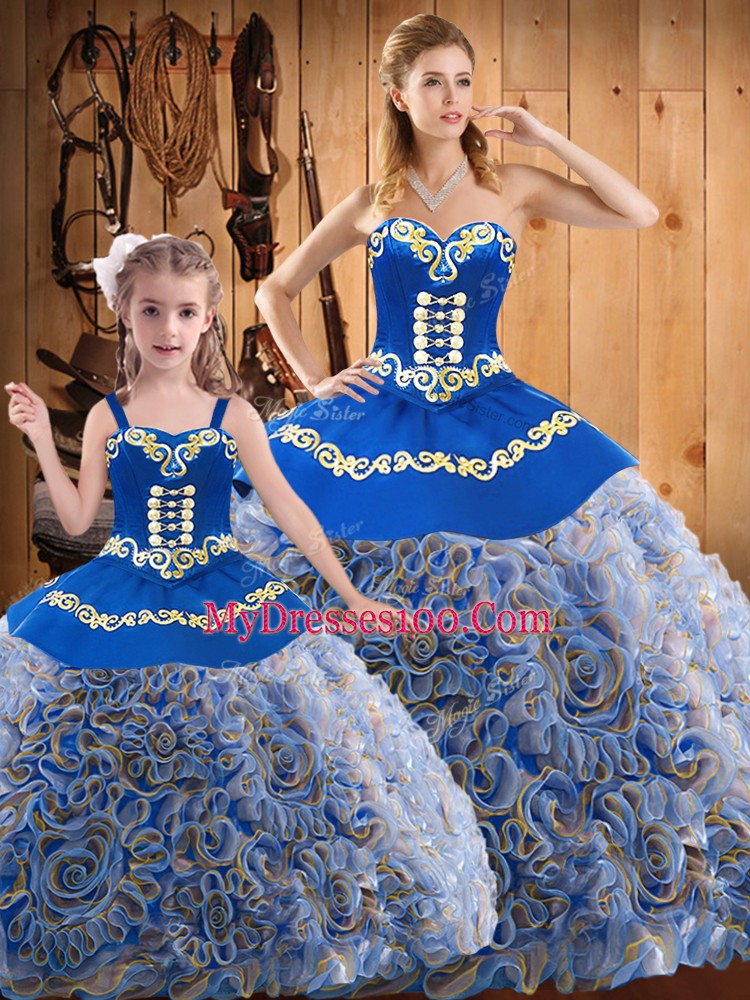 Pretty Fabric With Rolling Flowers Sweetheart Sleeveless Sweep Train Lace Up Embroidery Quinceanera Dresses in Multi-color