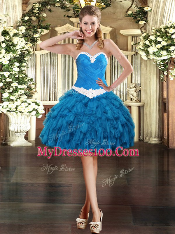Sweetheart Sleeveless Womens Party Dresses Mini Length Appliques and Ruffles Blue Organza