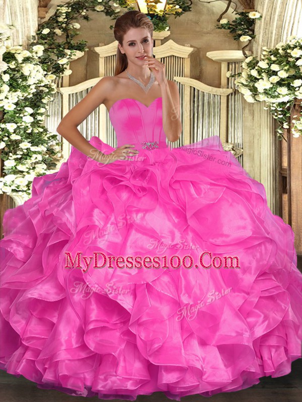 Hot Pink Sweet 16 Dresses Military Ball and Sweet 16 and Quinceanera with Beading and Ruffles Sweetheart Sleeveless Lace Up