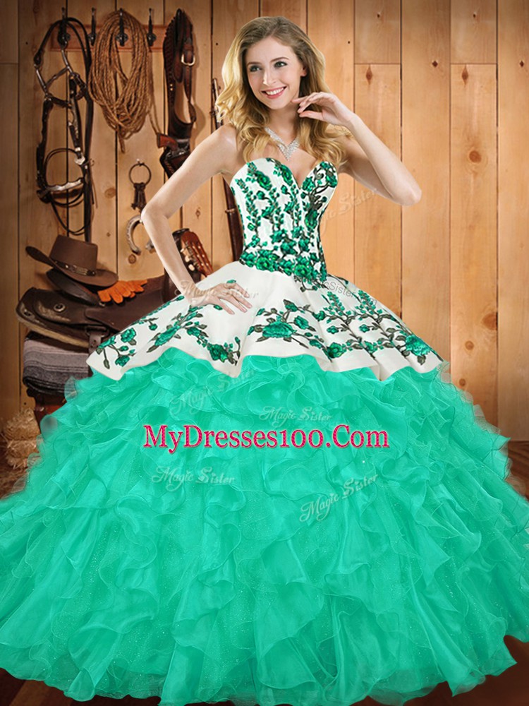 Flirting Floor Length Lace Up Sweet 16 Dress Turquoise for Military Ball and Sweet 16 and Quinceanera with Embroidery and Ruffles