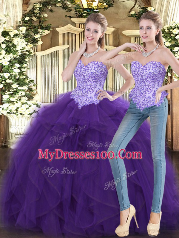 Ball Gowns 15th Birthday Dress Purple Sweetheart Tulle Sleeveless Floor Length Lace Up