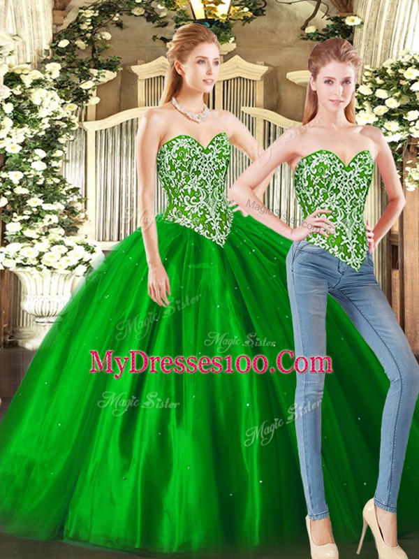 Unique Green Lace Up Ball Gown Prom Dress Beading Sleeveless Floor Length