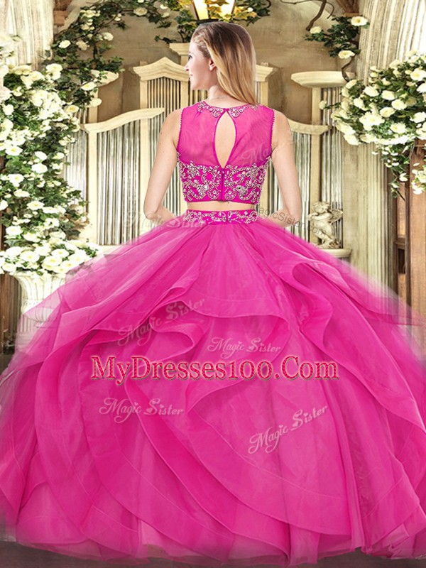 Fuchsia Tulle Zipper Sweet 16 Dress Sleeveless Floor Length Beading and Ruffles