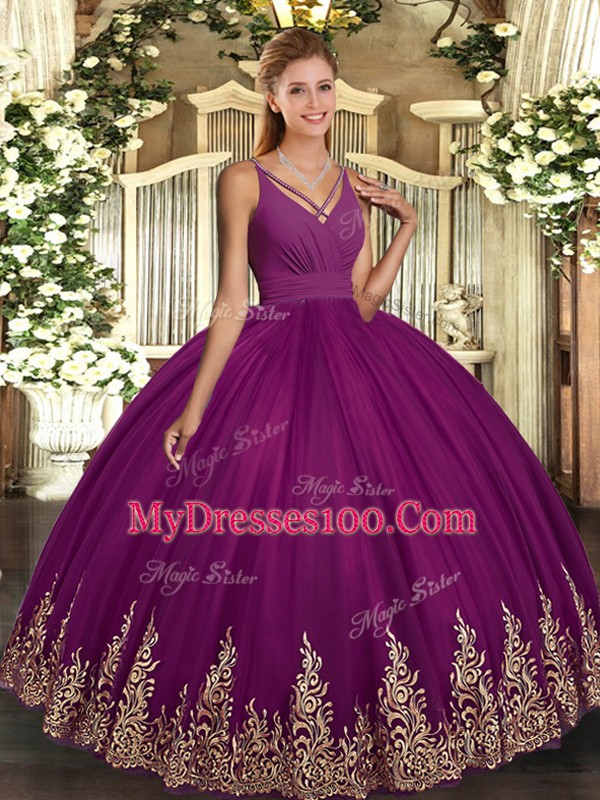Flare Fuchsia Backless V-neck Appliques Sweet 16 Quinceanera Dress Tulle Sleeveless