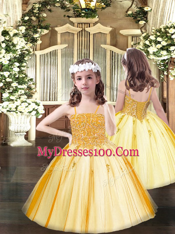 Inexpensive Orange Ball Gowns Tulle Spaghetti Straps Sleeveless Beading Floor Length Lace Up Little Girls Pageant Gowns