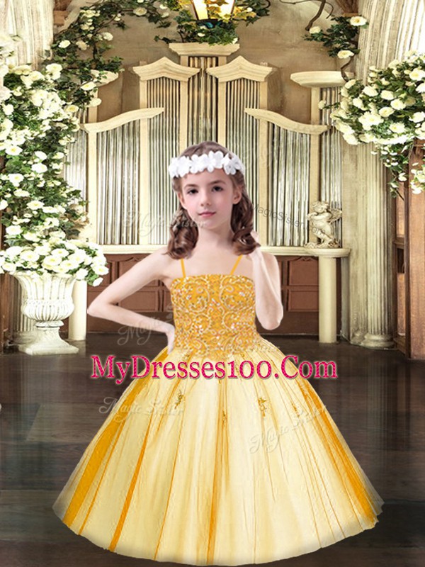 Inexpensive Orange Ball Gowns Tulle Spaghetti Straps Sleeveless Beading Floor Length Lace Up Little Girls Pageant Gowns