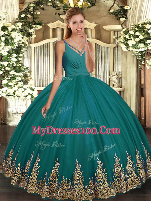 Classical Turquoise Ball Gowns Tulle V-neck Sleeveless Appliques Floor Length Backless Vestidos de Quinceanera