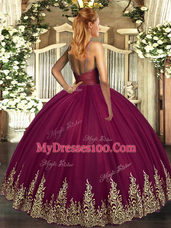 Classical Turquoise Ball Gowns Tulle V-neck Sleeveless Appliques Floor Length Backless Vestidos de Quinceanera