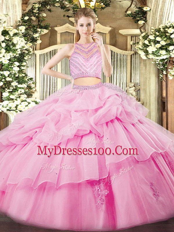 Beading and Ruffles Quinceanera Gown Rose Pink Zipper Sleeveless Floor Length